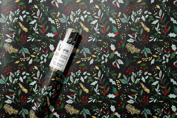 Christmas Watercolor Greenery Black Wrapping Paper Roll