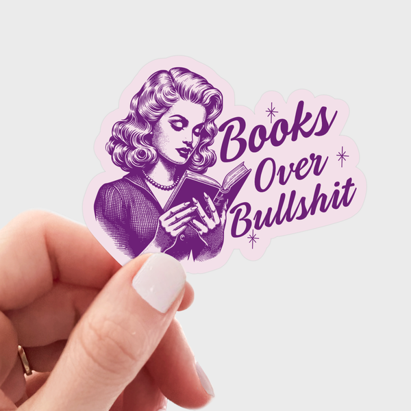 Books Over Bullshit Sticker - bookworm, nerd, library, retro