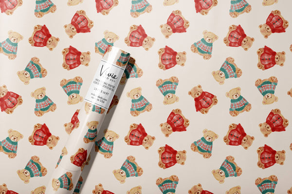 Watercolor Christmas Bear in Plaid Sweaters Wrapping Paper 