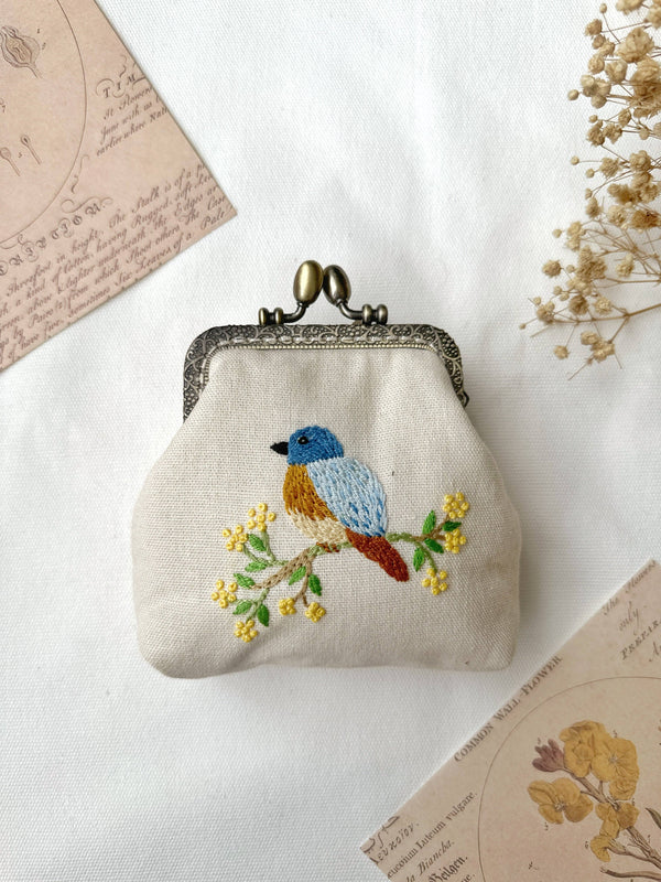 Bird Embroidered Navy Blue Coin Purse